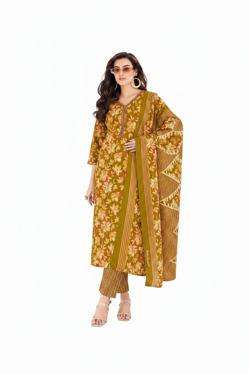 A woman modeling a traditional Indian salwar kameez set in mustard yellow and brown, featuring a floral print kurta, matching striped trousers, and a patterned dupatta, set against a plain white background.