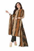 A woman modeling a three-piece Indian ethnic wear set featuring a brown and beige patterned kurta, black printed pants, and a matching dupatta, styled with a dark gray clutch and gold shoes against a white background.