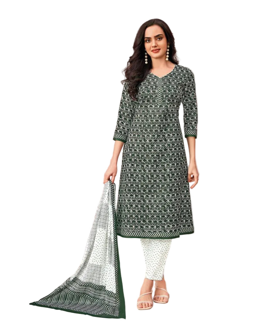 A woman modeling a dark green and white printed salwar kameez set with a matching dupatta, featuring a v-neck kurta, printed pants, and holding the dupatta against a plain white background.