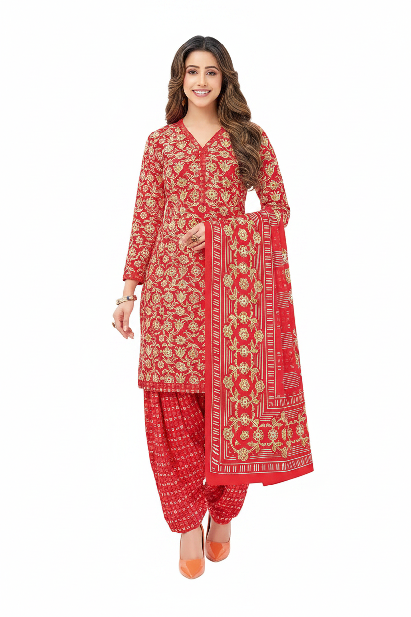 Woman wearing a red and gold traditional outfit with matching dupatta on a white background