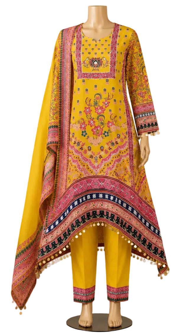 Yellow traditional outfit with intricate patterns