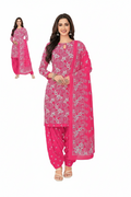 Woman wearing a pink traditional outfit with white floral patterns