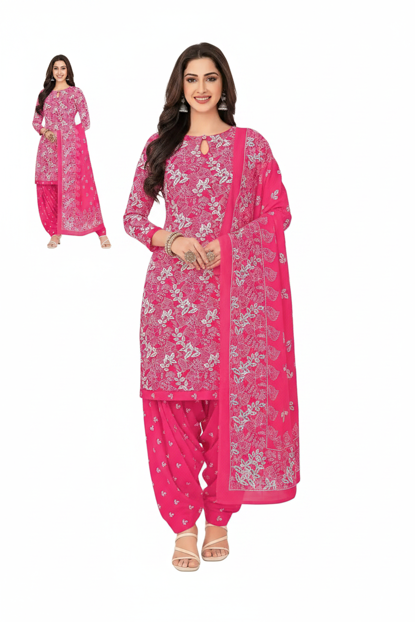 Woman wearing a pink traditional outfit with white floral patterns