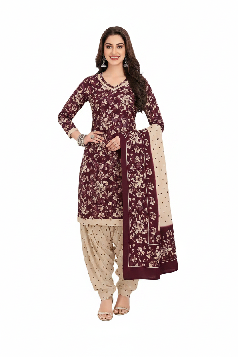 Woman wearing a maroon and beige traditional outfit with a matching dupatta