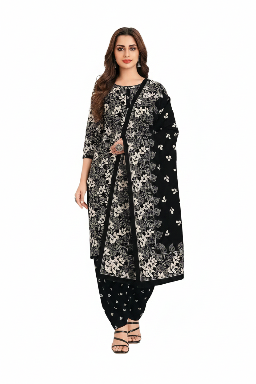 Woman wearing a black and white floral printed outfit with a matching dupatta 