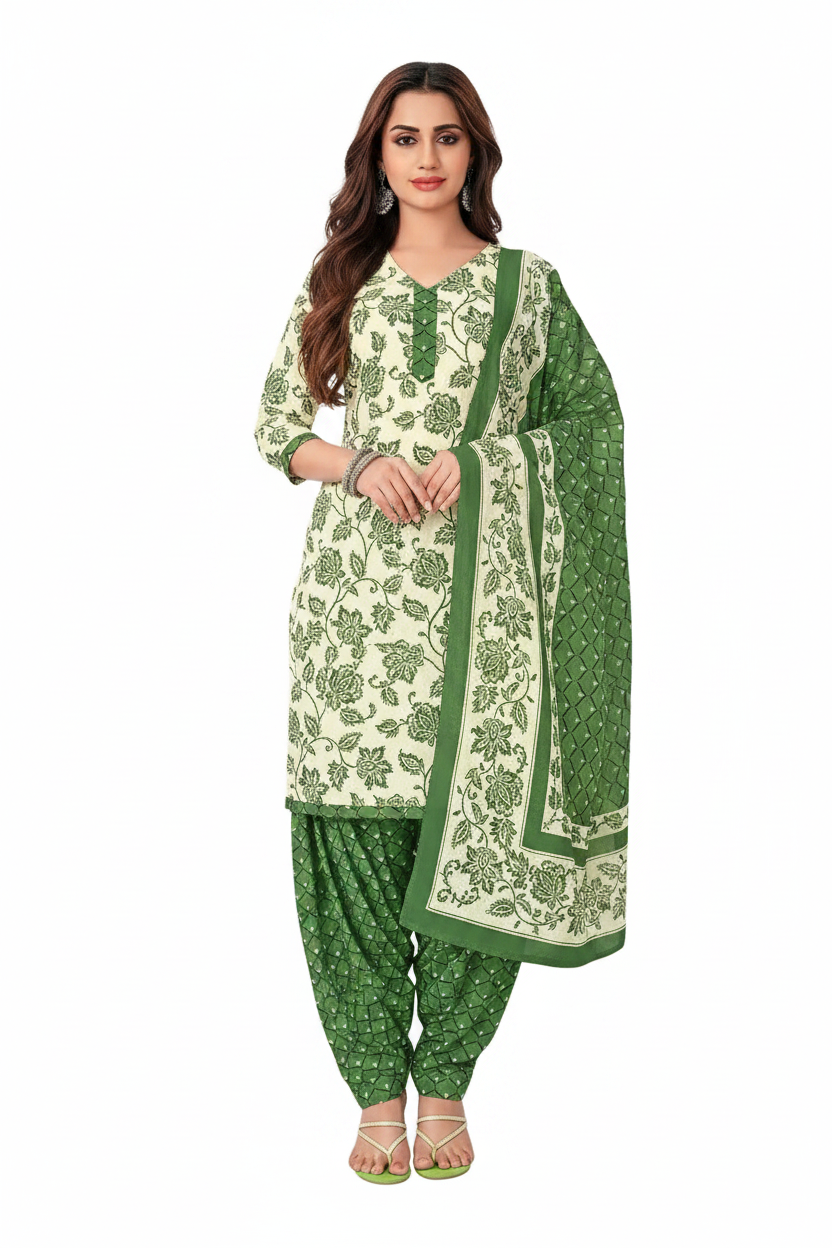 Woman wearing a green and white patterned outfit with matching pants, on a white background.