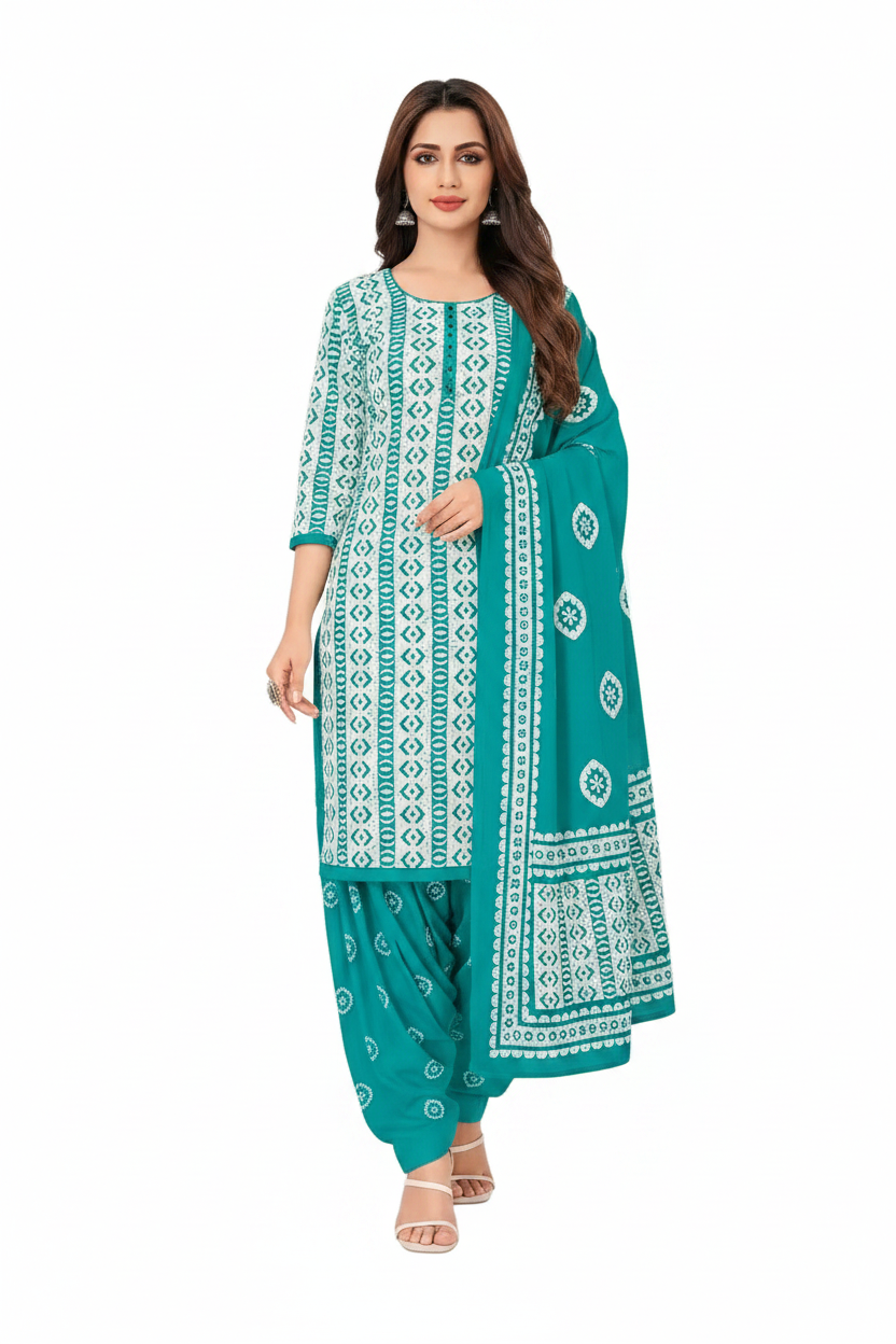 Woman wearing a teal and white traditional outfit with a matching dupatta on a white background