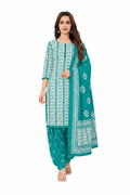 Woman wearing a teal and white traditional outfit with a matching dupatta on a white background