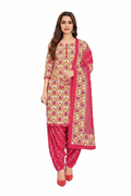 Woman wearing a pink and yellow traditional outfit with matching dupatta on a white background