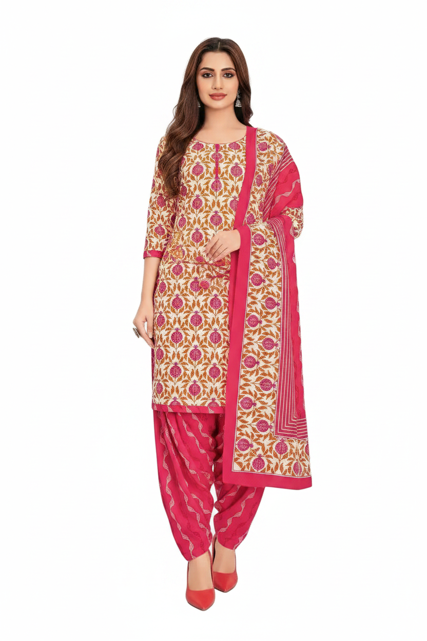 Woman wearing a pink and yellow traditional outfit with matching dupatta on a white background