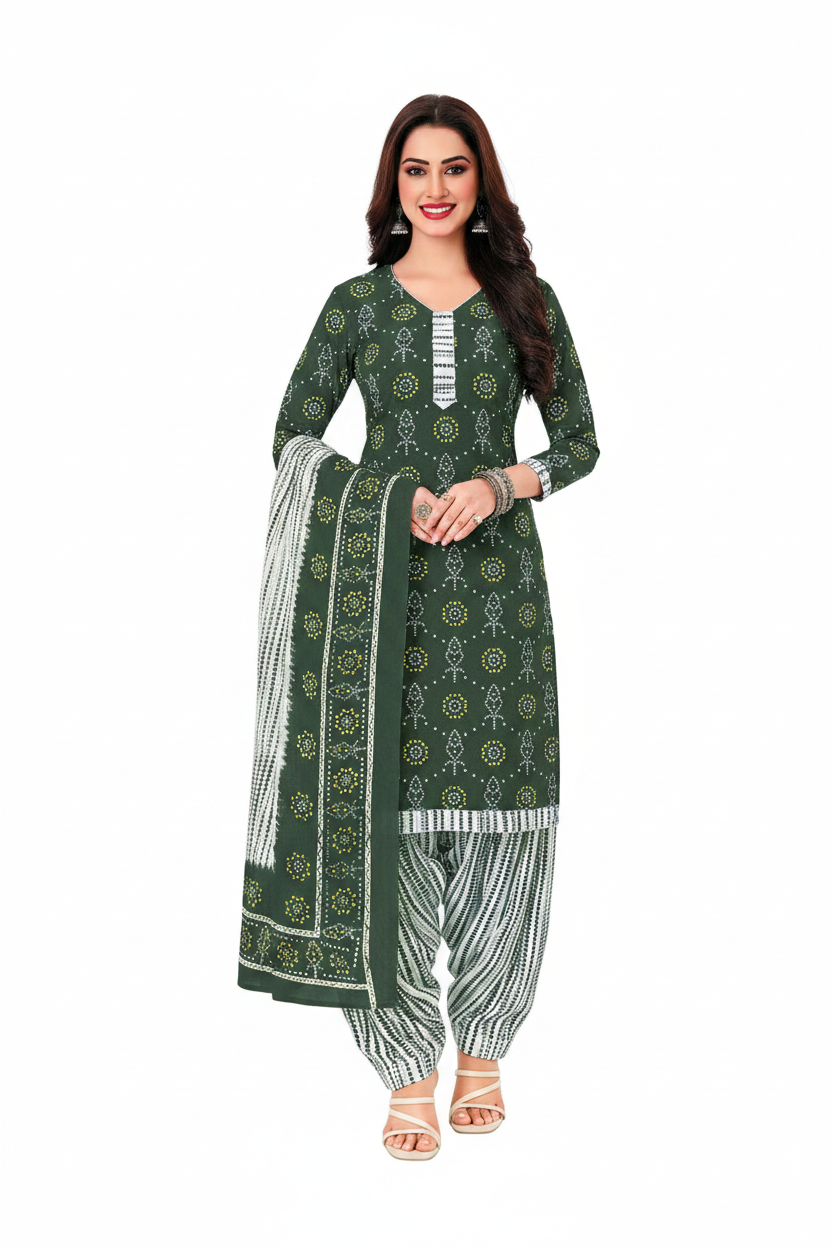 Woman modeling a green and white traditional outfit with a matching dupatta on a white background.