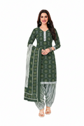 Woman modeling a green and white traditional outfit with a matching dupatta on a white background.