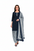 Woman wearing a navy blue and white traditional outfit with a matching dupatta on a white background