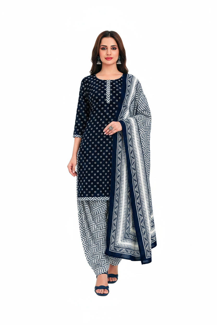Woman wearing a navy blue and white traditional outfit with a matching dupatta on a white background