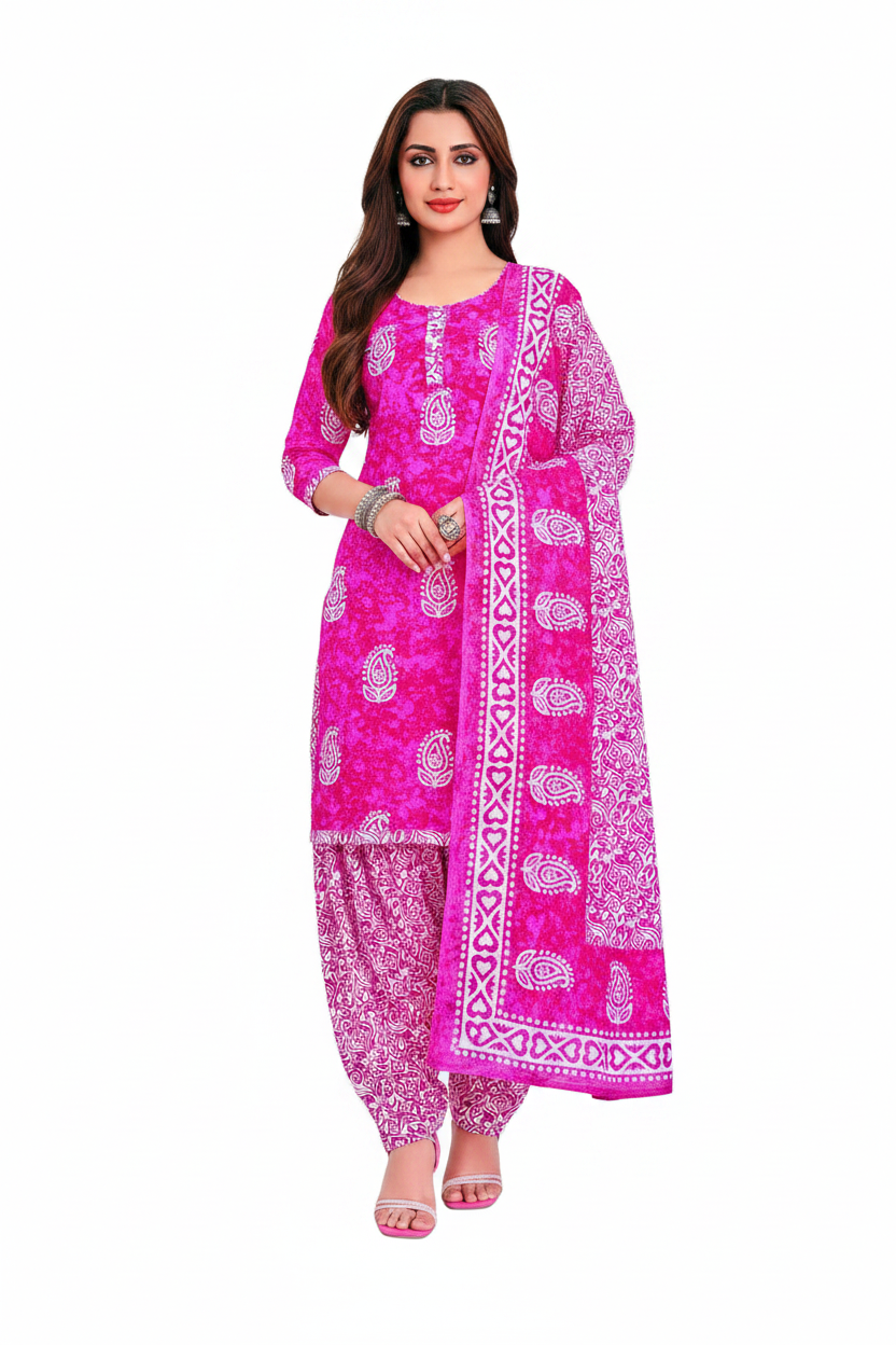 Woman wearing a pink and white patterned traditional outfit
