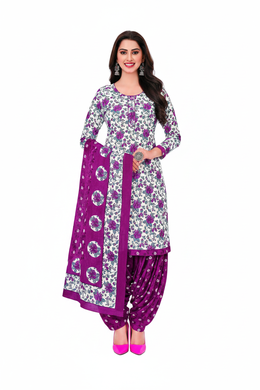 Woman wearing a floral purple and white outfit with a matching dupatta