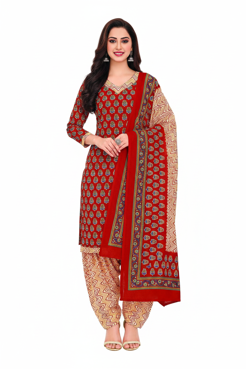 Woman wearing a red and beige patterned outfit with a matching scarf o
