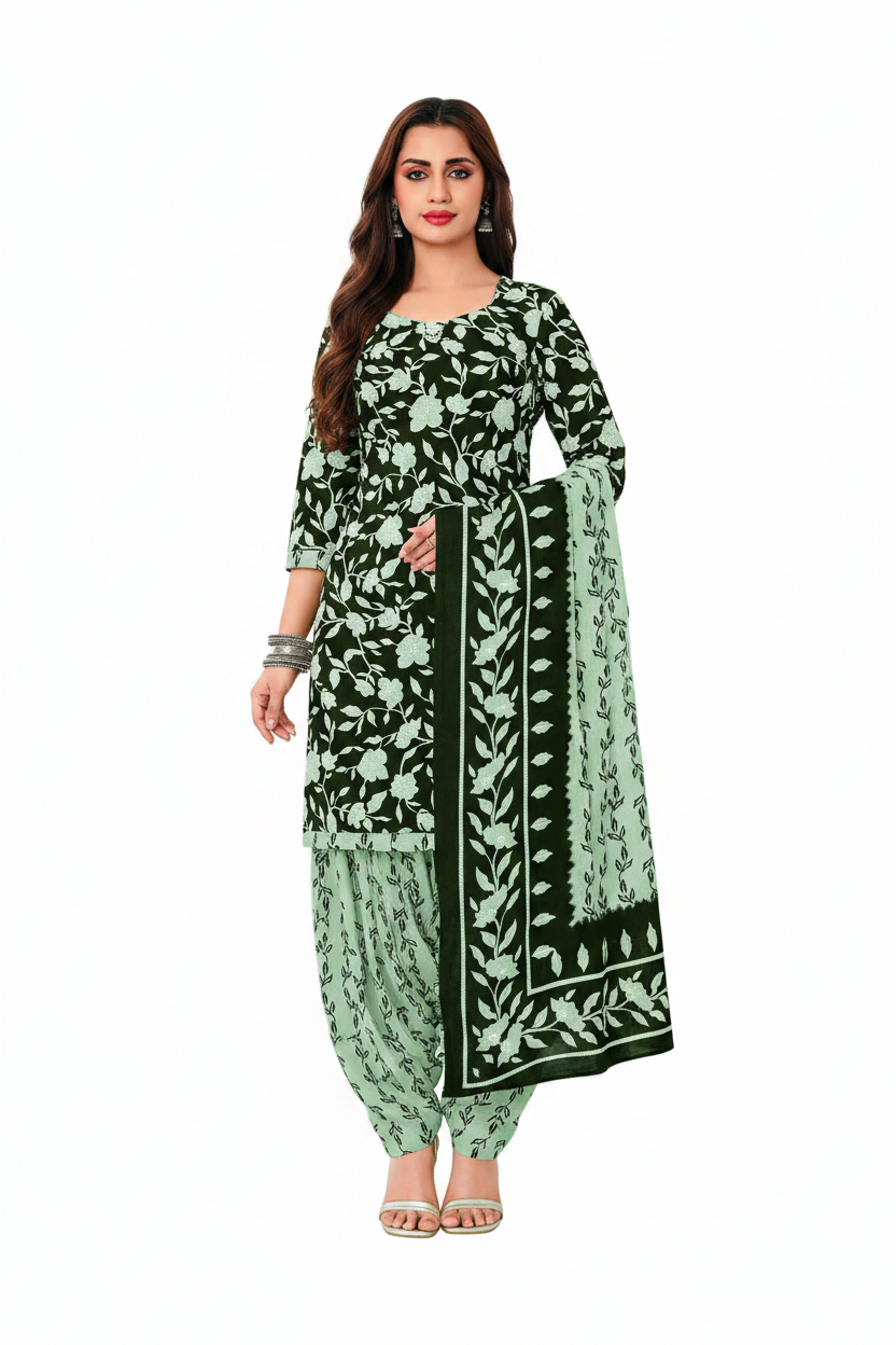 Woman wearing a green and black floral outfit with a matching dupatta