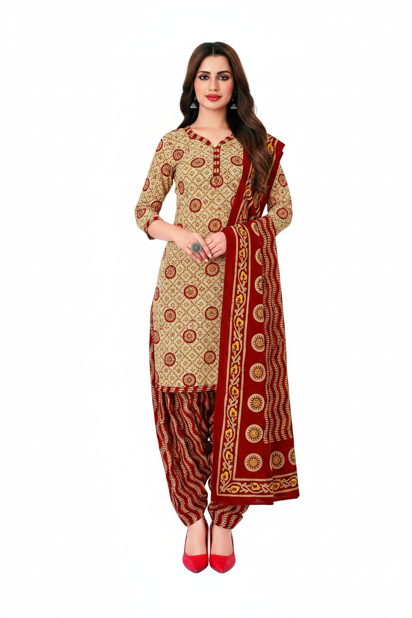 Woman wearing a traditional outfit with red and beige patterns